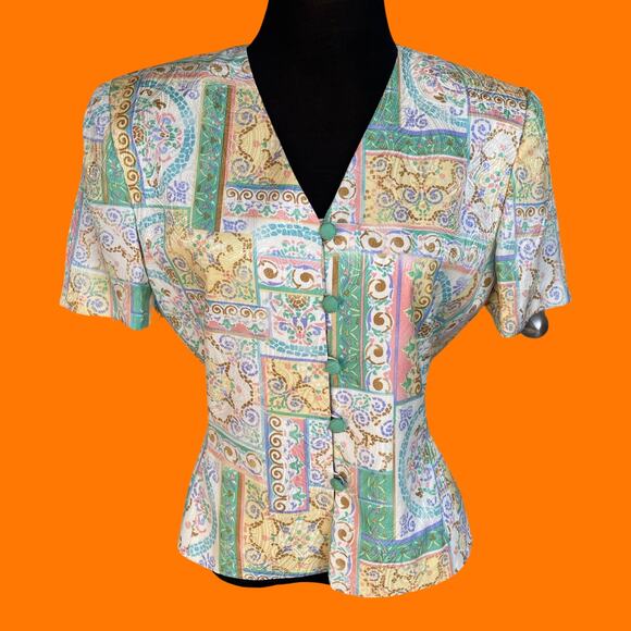 80's 90's vintage paisley floral 100% silk blouse Size 8 adrianna papell - Picture 1 of 7